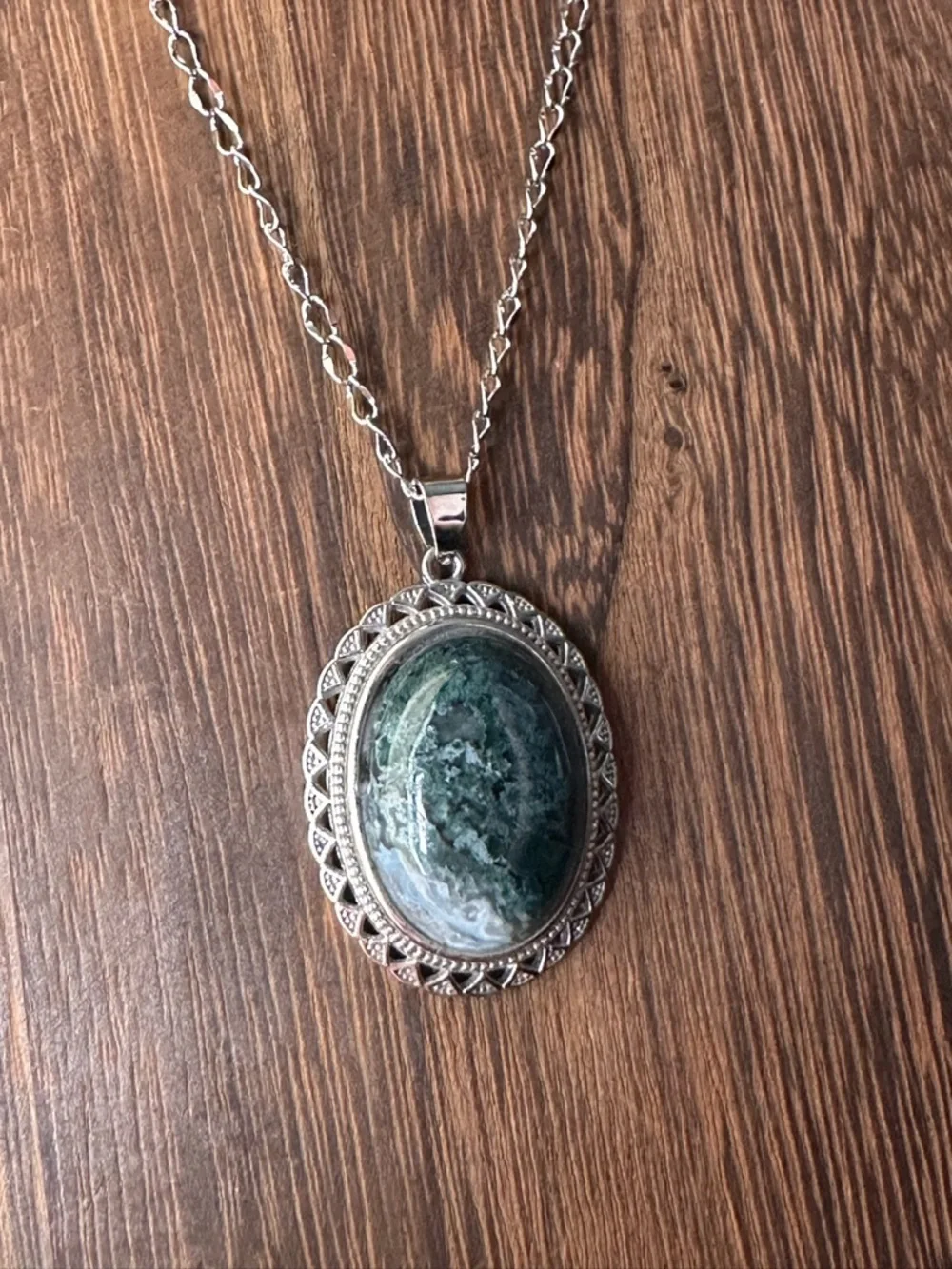 Silver-Tone Green Stone Oval Pendant Necklace - Women Jewelry - Picture 13 of 15